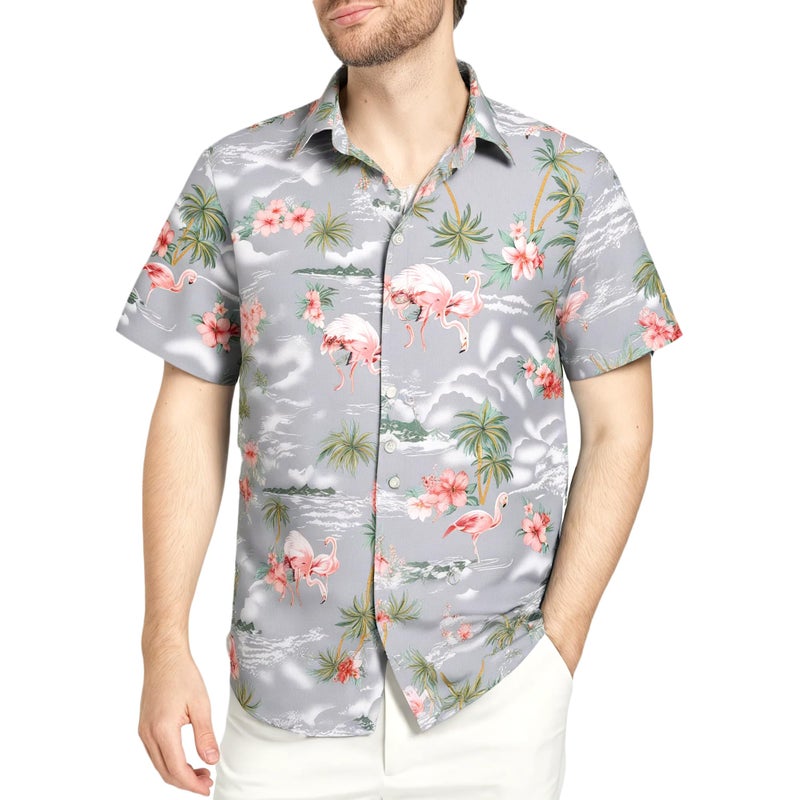 SSLR Mens Hawaiian Shirt Flamingos Casual Short Sleeve Button Down Shirts Aloha Shirt (Large, Light Grey) - Image 1